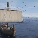 Das Schiff von Uluburun, eine antike Handelsflotte, segelt über das Meer, umgeben von Möwen und Delfinen.