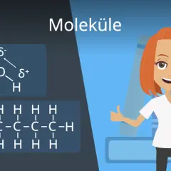 Moleküle: Wasser und Hexan, Beispiele für orbitale Chemie. Eine Frau mit roten Haaren gibt Daumen hoch.