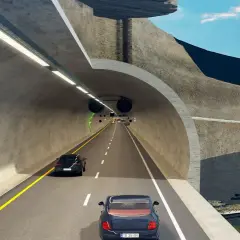 Fahrt durch einen norwegischen Tunnel unter Wasser. Autos auf der Straße, über ihnen das Meer und Felsen.