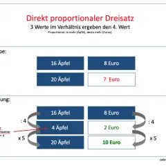 Direkt proportionaler Dreisatz: 16 Äpfel kosten 8 Euro. Wie viel kosten 20 Äpfel? Hier ist die Berechnung, wie was ist proportional.