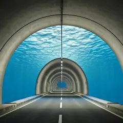 Ein unterwasser tunnel in England, der unter blauem Wasser hindurchführt. Die Straße ist leer und beleuchtet.