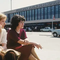 Zwei Frauen rauchen vor dem Flughafen Berlin-Schönefeld. Die Bauzeit des Flughafens war lang, aber die Aussicht ist es wert.
