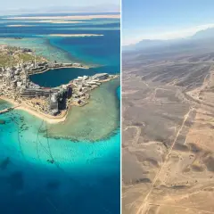 Links: Baustelle von NEOM am Meer, rechts: Wüstenlandschaft. Kritik an NEOM: Ist das eine Vision oder eine Utopie?
