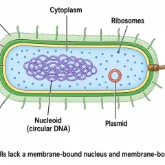Struktur einer prokaryotischen Zelle mit Kapsel, Zellwand, Plasma-Membran, Zytoplasma, Ribosomen, Nukleoid, Plasmid und Flagellum.