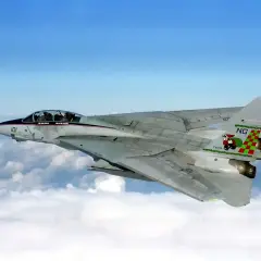 Ein schnelles Flugzeug, eine F-14 Tomcat, fliegt über den Wolken. Das Flugzeug hat eine markante Lackierung mit einer Figur auf dem Heck.