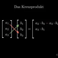Formel für das Kreuzprodukt zweier Vektoren: (a1, a2, a3) x (b1, b2, b3) = (a2*b3 - a3*b2, a3*b1 - a1*b3, a1*b2 - a2*b1).