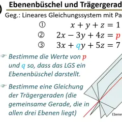 Aufgabe zu Ebenenbüschel und Trägergerade. Ein LGS mit Parametern p und q soll gelöst werden, um die parametergleichung einer geraden zu finden.