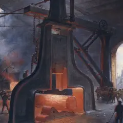 Arbeiter ziehen glühendes Metall unter einem riesigen Hammer. Rauch steigt auf, ein Symbol für den **Industrialisierung Beginn**.