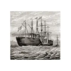 Das SS Great Eastern, ein riesiges Dampfschiff mit Segeln, durchpflügt die Wellen. Kleinere Boote sind in der Nähe zu sehen.