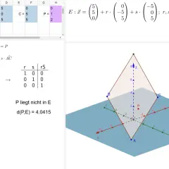 Punktprobe: Ein Punkt P liegt nicht in der Ebene E, wie die Berechnung und die 3D-Grafik zeigen.