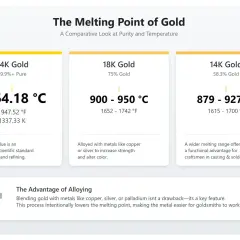 Vergleich des Schmelzpunkts von Gold: 24K bei 1064°C, 18K bei 900-950°C, 14K bei 879-927°C. Legierungen senken den Schmelzpunkt.
