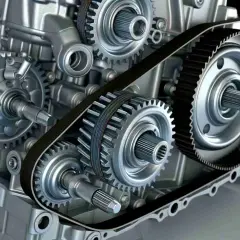 Detailansicht eines komplexen Getriebes mit Zahnrädern und einem Riemen. So funktioniert ein Getriebe, um Kräfte zu übertragen und Geschwindigkeiten zu ändern.