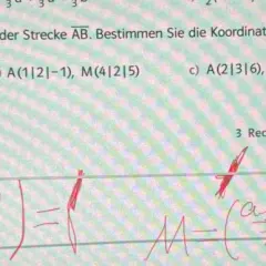 Aufgabe 8: Mittelpunkt von Vektoren berechnen. Gegeben sind Punkte A und M, gesucht ist B. Formel für Mittelpunktvektoren wird angewendet.