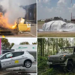 Vier Bilder zeigen Autos: eines brennt, ein anderes wird mit Wasser gelöscht, ein drittes ist bei einem Crash zerstört, ein viertes, ein e auto brand, steht im Wald.
