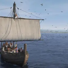 Das Schiff von Uluburun, eine antike Handelsflotte, segelt über das Meer, umgeben von Möwen und Delfinen.