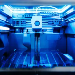 Ein 3D-Drucker im Einsatz, der durch additive Fertigung komplexe Strukturen erschafft. Das blaue Licht beleuchtet die Präzision des 3D-Drucks.