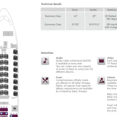 Sitzplan eines Dreamliner 787 mit Details zu Business- und Economy-Class-Sitzen, Pitch, Breite und Annehmlichkeiten wie AVOD.