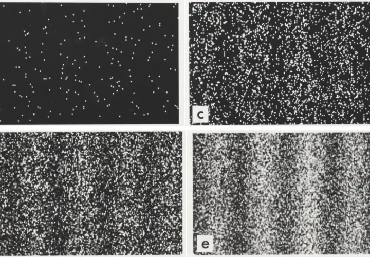 Bilder zeigen die Entwicklung von Interferenzen am Doppelspalt: von einzelnen Punkten zu Streifenmustern.