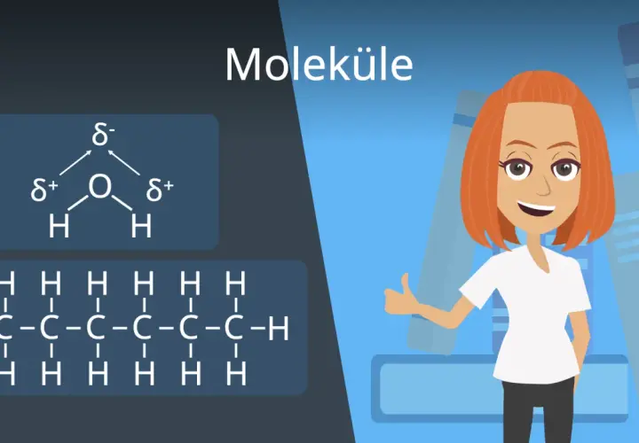 Moleküle: Wasser und Hexan, Beispiele für orbitale Chemie. Eine Frau mit roten Haaren gibt Daumen hoch.