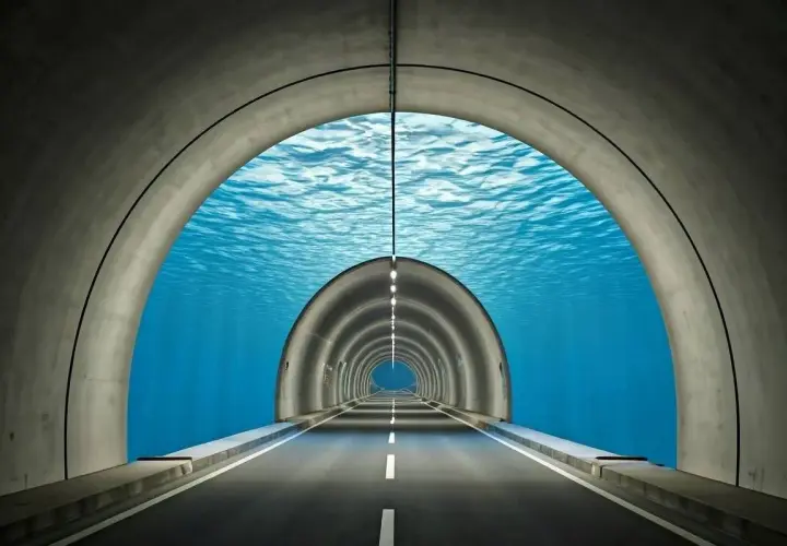 Ein unterwasser tunnel in England, der unter blauem Wasser hindurchführt. Die Straße ist leer und beleuchtet.
