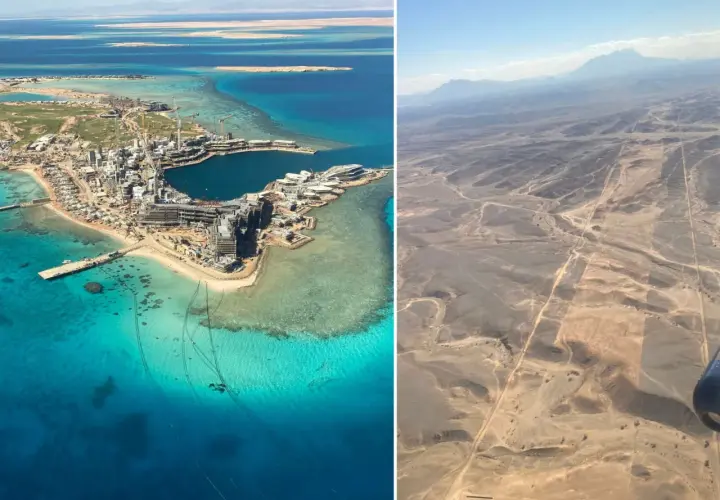 Links: Baustelle von NEOM am Meer, rechts: Wüstenlandschaft. Kritik an NEOM: Ist das eine Vision oder eine Utopie?