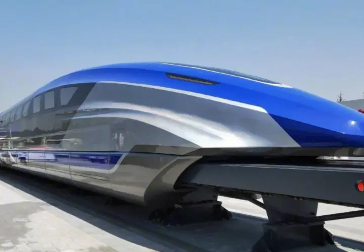 Ein futuristischer Zug in China, der für seine hohe Geschwindigkeit bekannt ist, mit blauen und silbernen Akzenten.