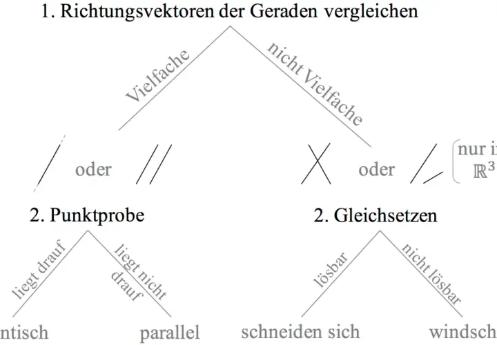 Vergleich von Richtungsvektoren im Raum: parallele, identische, sich schneidende oder windschiefe Geraden.