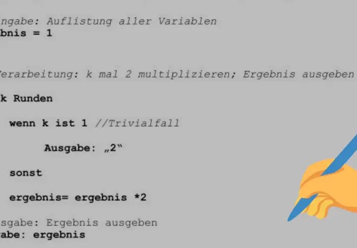 Code-Beispiel für Rekursion in Informatik: Eine Funktion, die sich selbst aufruft, um ein Ergebnis zu berechnen.