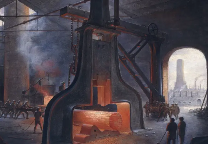 Arbeiter ziehen glühendes Metall unter einem riesigen Hammer. Rauch steigt auf, ein Symbol für den **Industrialisierung Beginn**.