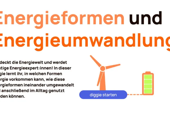 Energieformen und Energieumwandlung: Ein Windrad wandelt Wind in Strom um, der in einer Batterie gespeichert wird. Biologie lehrt uns über diese Prozesse.
