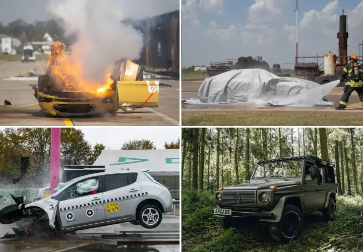 Vier Bilder zeigen Autos: eines brennt, ein anderes wird mit Wasser gelöscht, ein drittes ist bei einem Crash zerstört, ein viertes, ein e auto brand, steht im Wald.