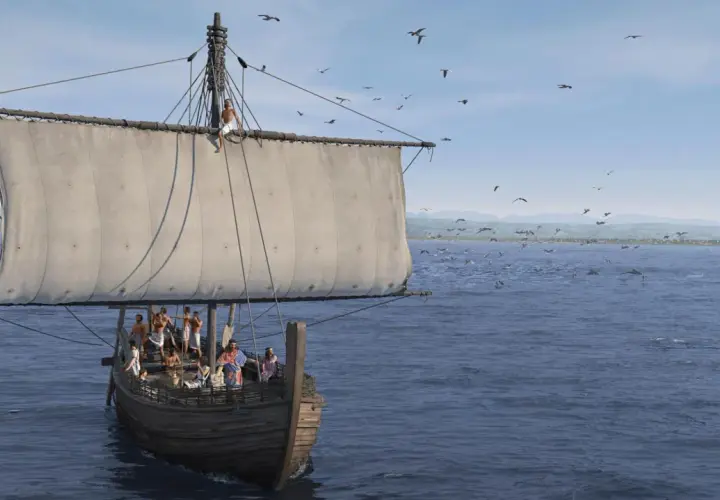 Das Schiff von Uluburun, eine antike Handelsflotte, segelt über das Meer, umgeben von Möwen und Delfinen.