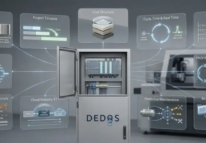 SPS-Anlage mit verschiedenen Diagrammen zu SPS vs. IPC, Projektzeitplan, Kostenstruktur, Zykluszeit, KOP vs. FUP vs. ST, PROFINET, typischen SPS-Programmen und Fehlern, Cloud/Industrie 4.0, vorausschauender Wartung und Best Practices.