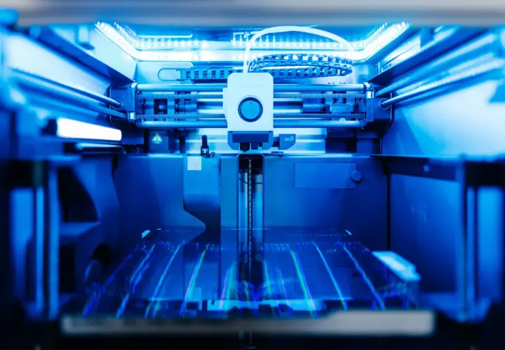 Ein 3D-Drucker im Einsatz, der durch additive Fertigung komplexe Strukturen erschafft. Das blaue Licht beleuchtet die Präzision des 3D-Drucks.