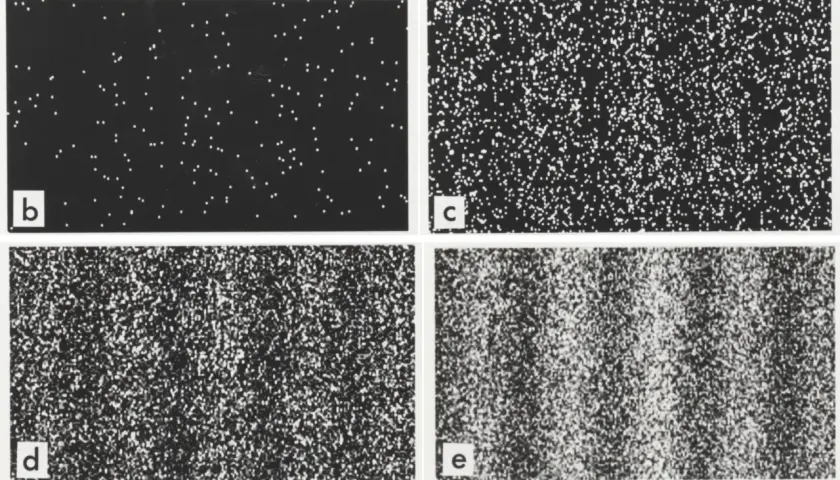 Bilder zeigen die Entwicklung von Interferenzen am Doppelspalt: von einzelnen Punkten zu Streifenmustern.