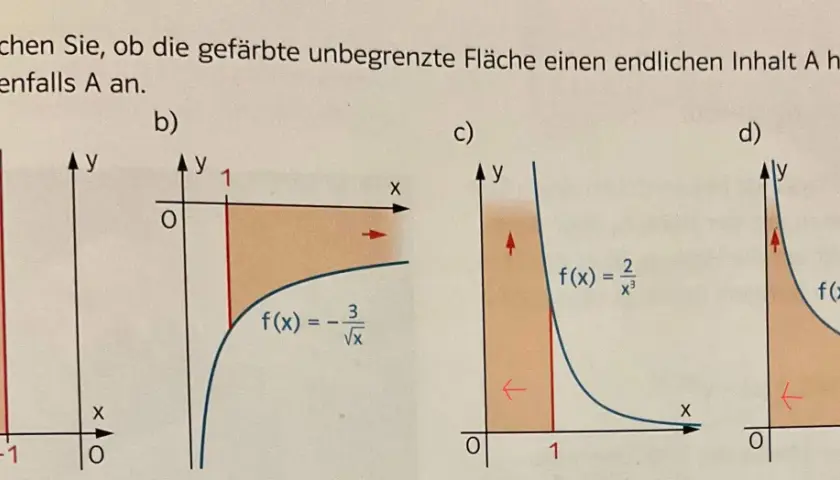 Grafiken a-d zeigen Flächen unter Kurven, die zur Untersuchung uneigentlicher Integrale dienen.