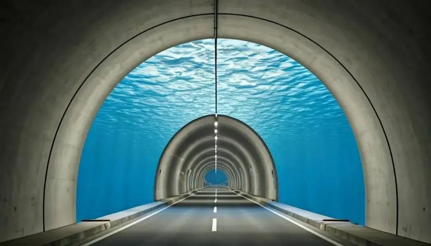 Ein unterwasser tunnel in England, der unter blauem Wasser hindurchführt. Die Straße ist leer und beleuchtet.