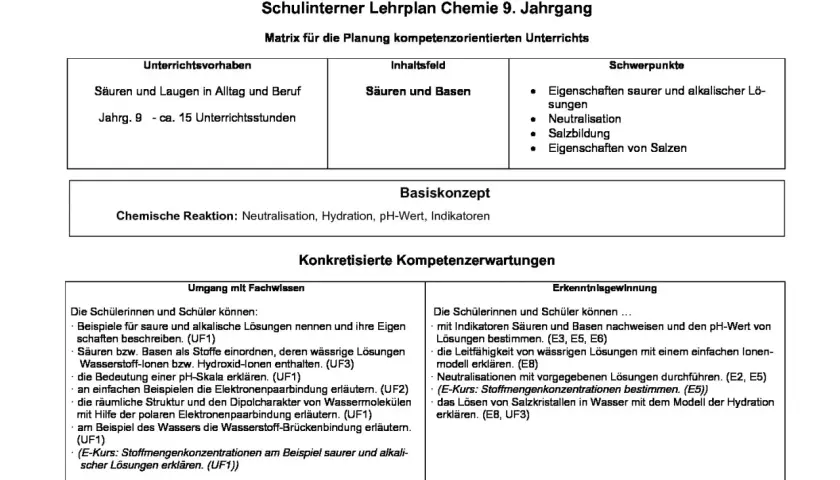 Der Lehrplan behandelt Säuren, Basen und chemische Reaktionen wie Neutralisation und Hydration. Schüler lernen, was Hydration ist und wie sie funktioniert.
