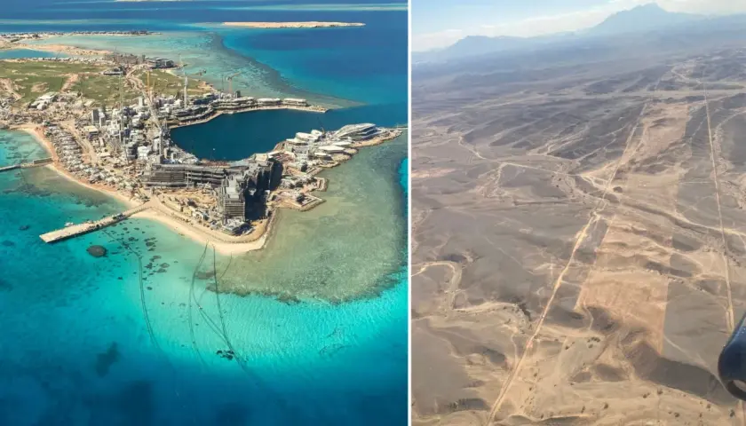 Links: Baustelle von NEOM am Meer, rechts: Wüstenlandschaft. Kritik an NEOM: Ist das eine Vision oder eine Utopie?