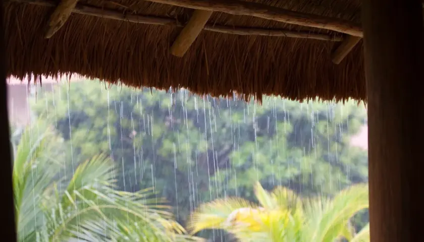 Starker Regen fällt unter einem Strohdach. Palmenblätter und grüne Bäume sind im Hintergrund verschwommen. Das ist ein typisches Bild, wenn man fragt: was ist ein Monsun.