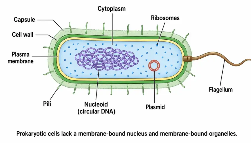 Struktur einer prokaryotischen Zelle mit Kapsel, Zellwand, Plasma-Membran, Zytoplasma, Ribosomen, Nukleoid, Plasmid und Flagellum.