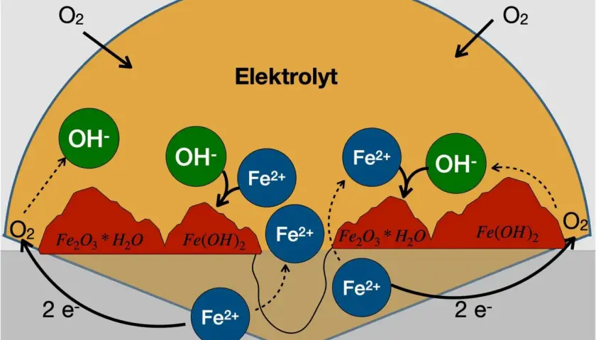 Schema zeigt, was ist Oxidation: Eisen reagiert mit Sauerstoff und Wasser im Elektrolyt zu Rost (Fe₂O₃ * H₂O, Fe(OH)₂).