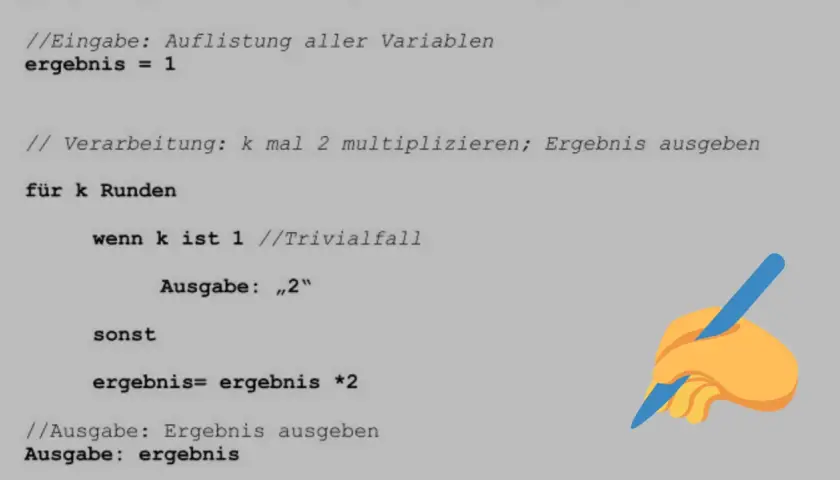 Code-Beispiel für Rekursion in Informatik: Eine Funktion, die sich selbst aufruft, um ein Ergebnis zu berechnen.