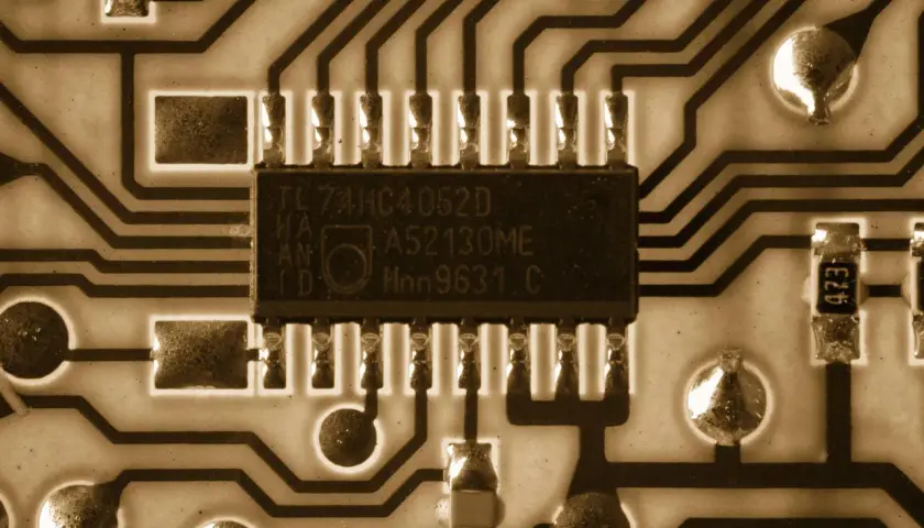 Nahaufnahme einer Leiterplatte mit einem integrierten Schaltkreis. Solche Bauteile sind essenziell, da sie zeigen, was sind Halbleiter: Materialien, die Strom leiten, aber nicht so gut wie Metalle.