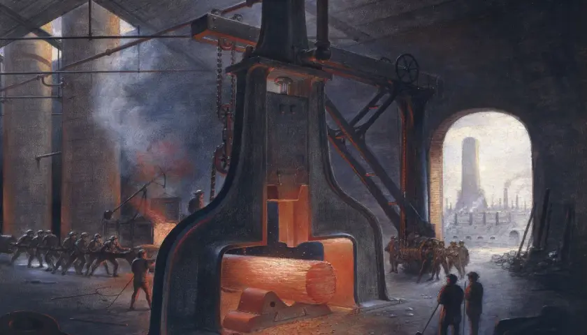 Arbeiter ziehen glühendes Metall unter einem riesigen Hammer. Rauch steigt auf, ein Symbol für den **Industrialisierung Beginn**.