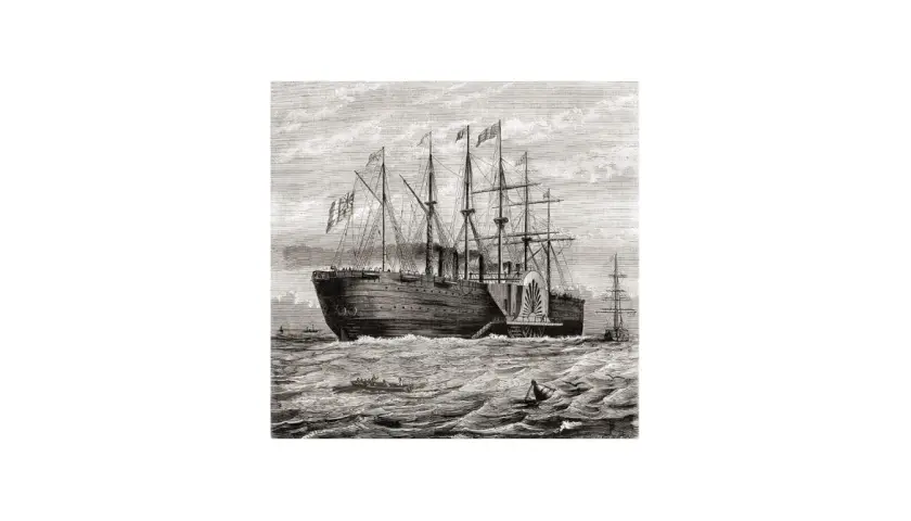Das SS Great Eastern, ein riesiges Dampfschiff mit Segeln, durchpflügt die Wellen. Kleinere Boote sind in der Nähe zu sehen.
