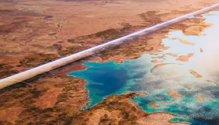 Futuristische Stadt "The Line" in Saudi-Arabien NEOM, die sich durch eine trockene Wüstenlandschaft schlängelt und an türkisfarbenes Wasser grenzt.