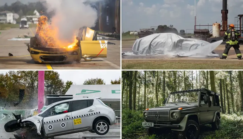 Vier Bilder zeigen Autos: eines brennt, ein anderes wird mit Wasser gelöscht, ein drittes ist bei einem Crash zerstört, ein viertes, ein e auto brand, steht im Wald.