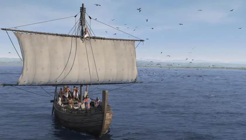 Das Schiff von Uluburun, eine antike Handelsflotte, segelt über das Meer, umgeben von Möwen und Delfinen.