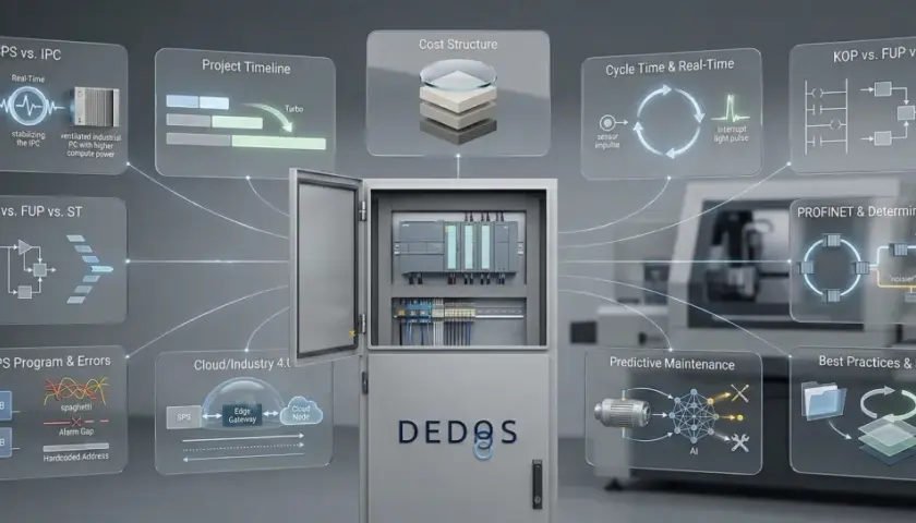 SPS-Anlage mit verschiedenen Diagrammen zu SPS vs. IPC, Projektzeitplan, Kostenstruktur, Zykluszeit, KOP vs. FUP vs. ST, PROFINET, typischen SPS-Programmen und Fehlern, Cloud/Industrie 4.0, vorausschauender Wartung und Best Practices.